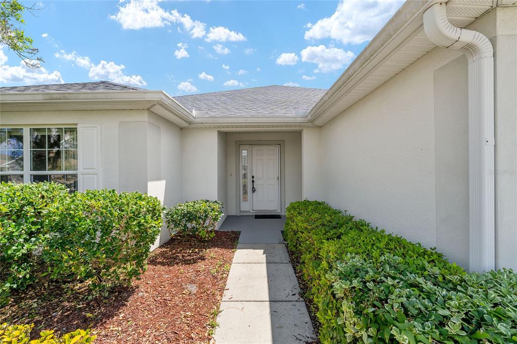 A concrete walkway leads to the white front door of a single-story house — 8582 SE 133RD LANE, SUMMERFIELD, FL