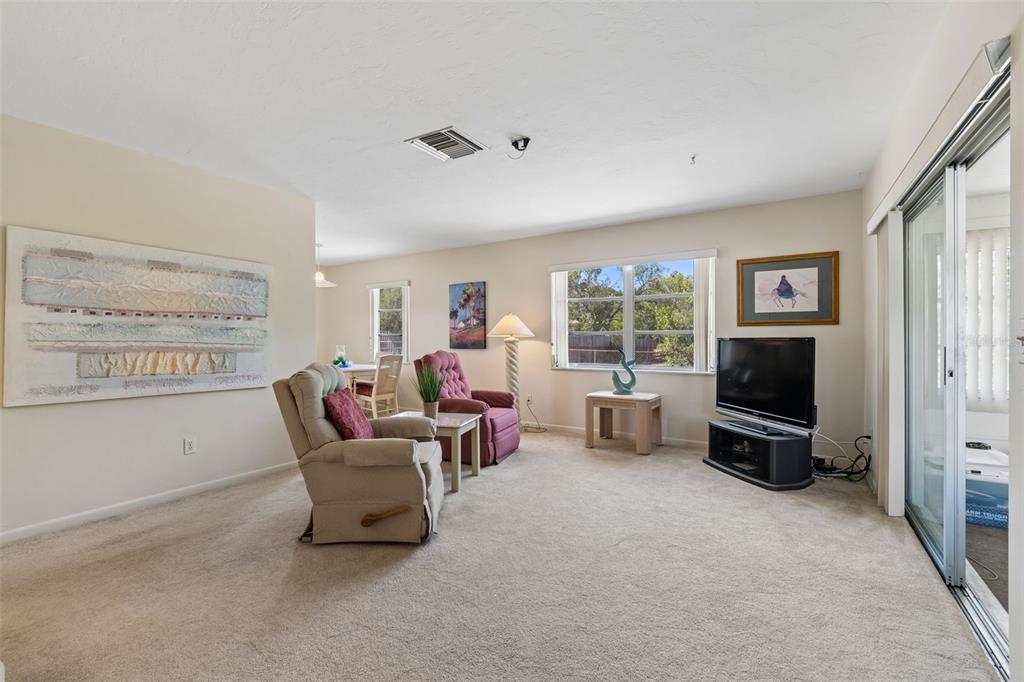 A carpeted living room features two armchairs, a television on a stand, and sliding glass doors — 6432 SPRING HILL DRIVE, SPRING HILL, FL