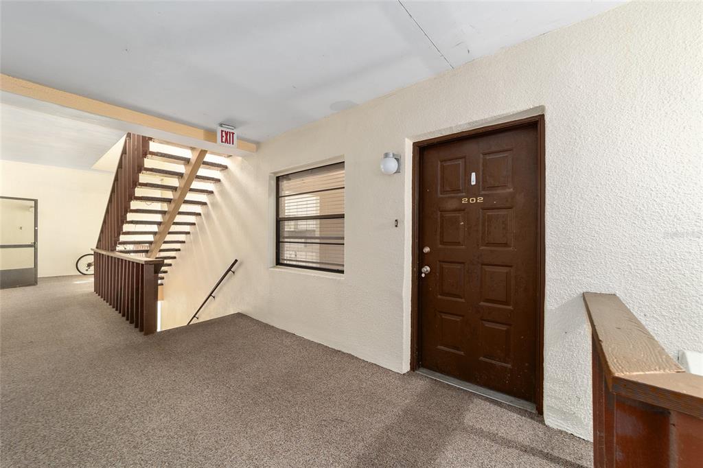 A brown apartment door labeled 202 is located in a carpeted hallway with stairs — 3401 E FORT KING STREET UNIT 202, OCALA, FL