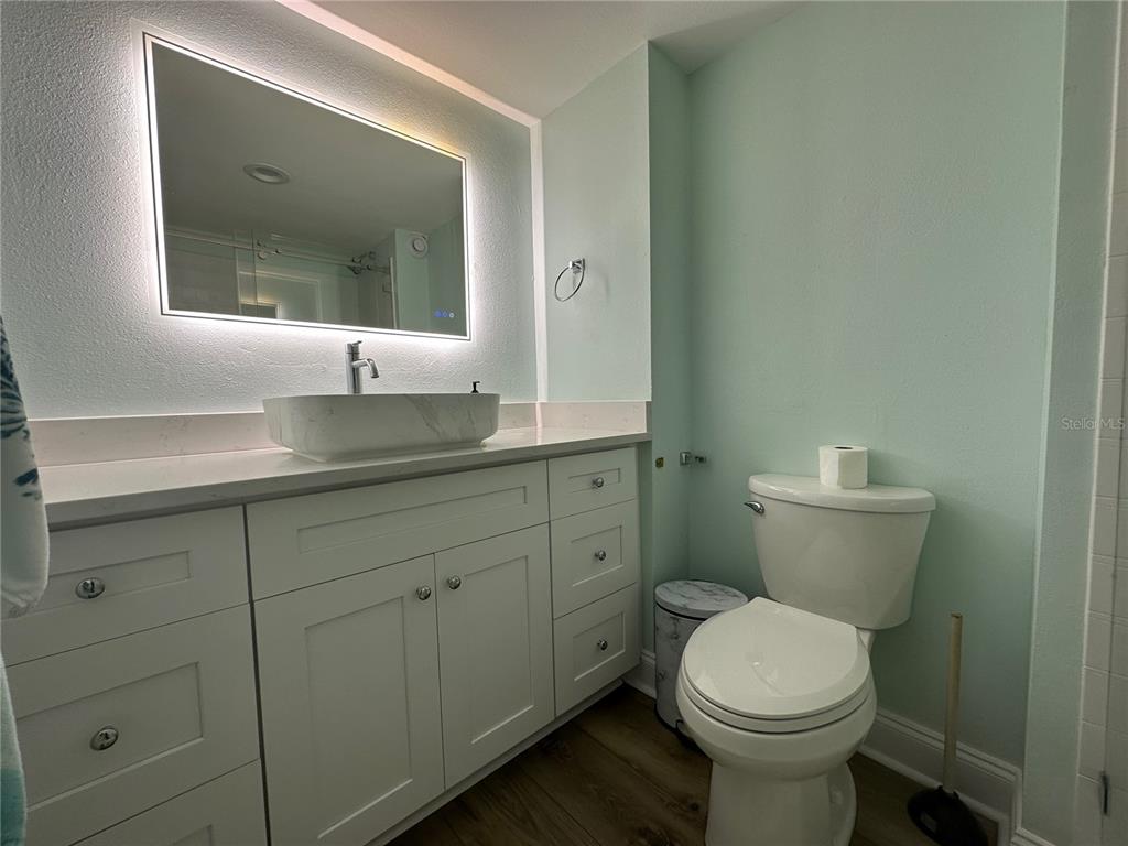 A bathroom features a white vanity with a vessel sink, an illuminated mirror, and a toilet — 880 MANDALAY AVENUE UNIT S404, CLEARWATER, FL