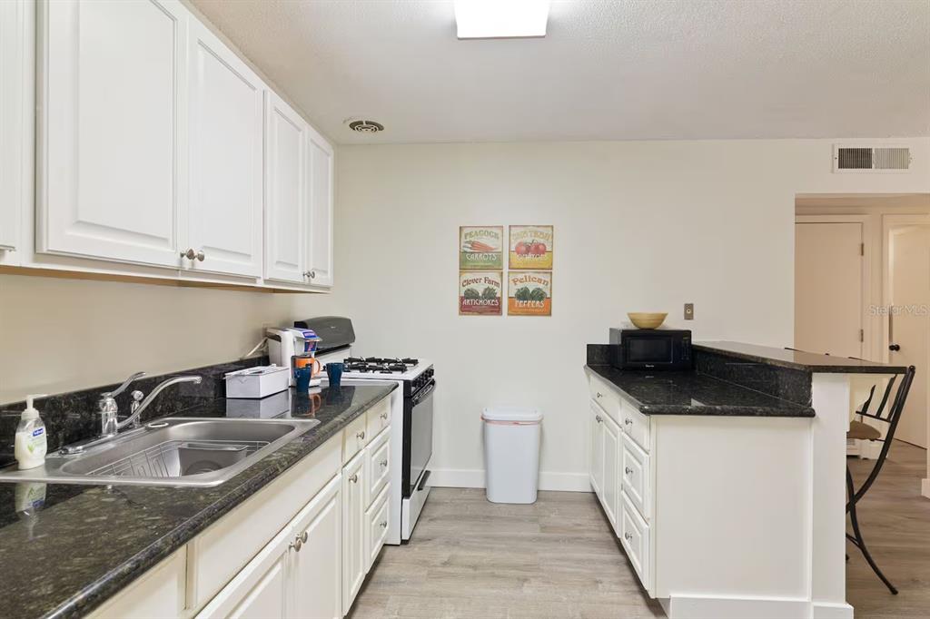 A kitchen with white cabinets, dark granite countertops, stainless steel appliances, and wood-look flooring — 1700 SW 16TH COURT UNIT K24, GAINESVILLE, FL