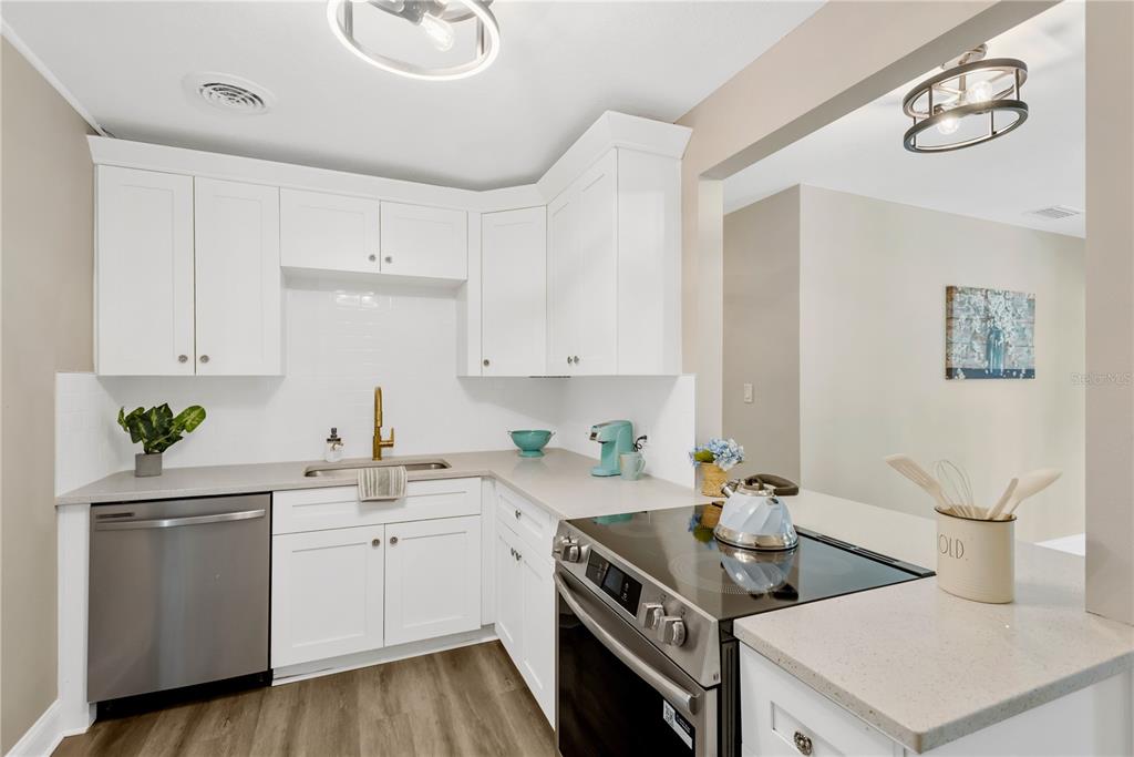 A kitchen features white cabinets, stainless steel appliances, a light countertop, and wood-look flooring — 3903 W PALMETTO STREET, TAMPA, FL