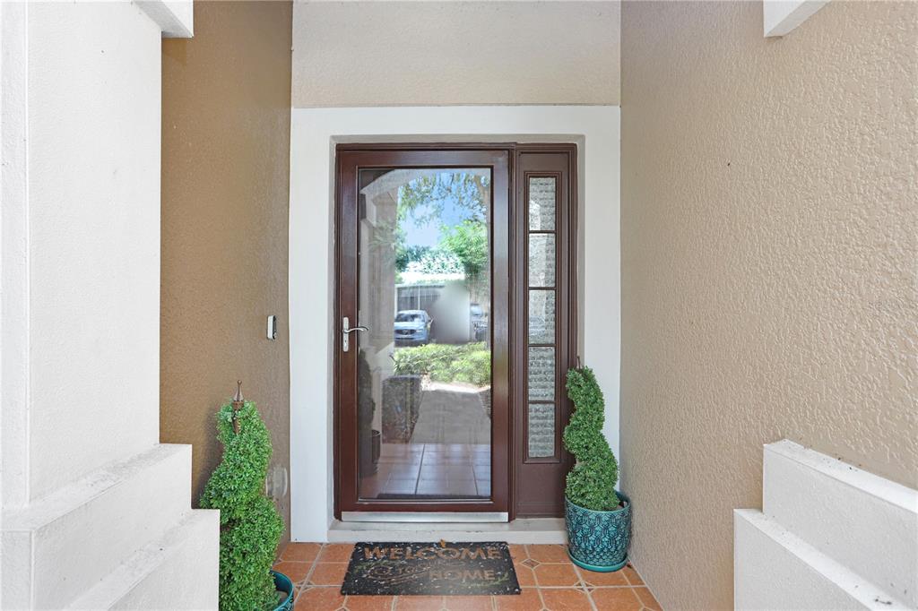 A front entryway features a brown glass door with a sidelight and two potted topiaries — 4986 POND RIDGE DRIVE, RIVERVIEW, FL