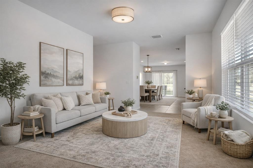 A bright living room features a beige sofa, round coffee table, and an armchair — 3503 DIAMOND LEAF COURT, VALRICO, FL