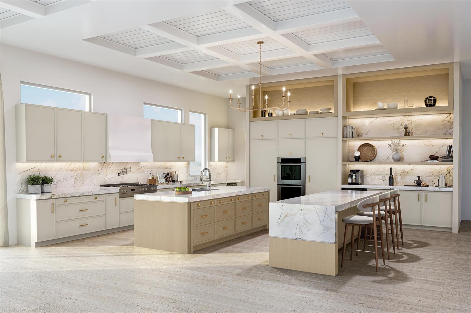 This is a rendering of a modern kitchen featuring two islands, marble countertops, and cabinetry — 748 NE Bay Isle Drive, Boca Raton FL 33487, BOCA RATON, FL