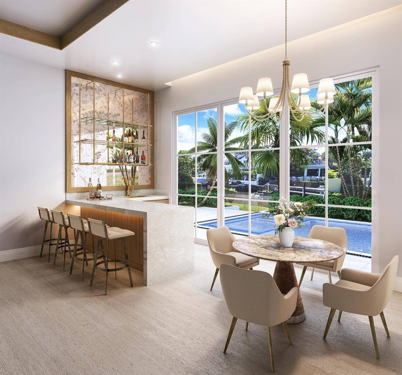 This rendering shows a modern bar and dining area with pool and waterfront views — 748 NE Bay Isle Drive, Boca Raton FL 33487, BOCA RATON, FL