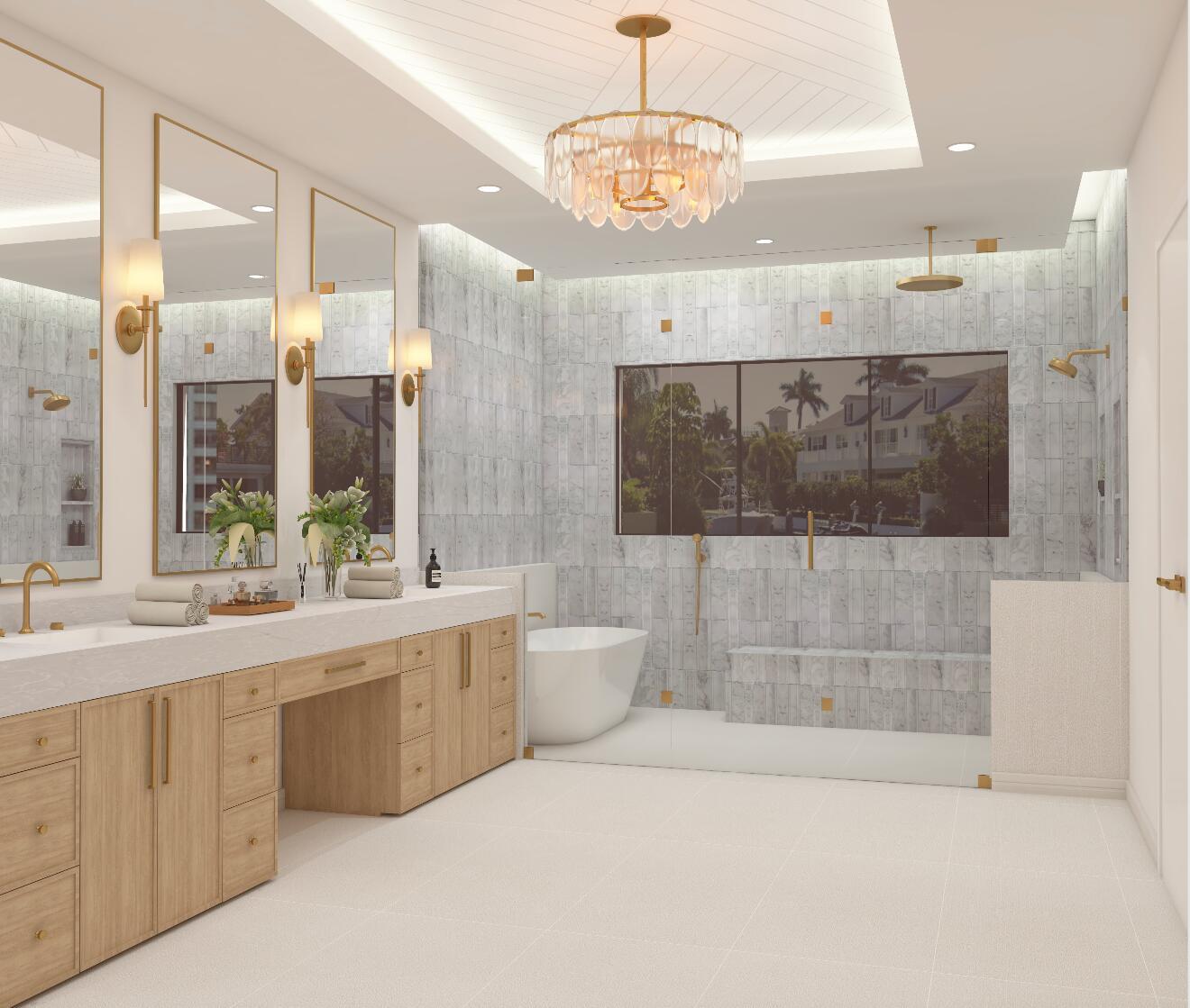 This is a rendering of a modern bathroom featuring light wood cabinetry and marble-tiled walls — 748 NE Bay Isle Drive, Boca Raton FL 33487, BOCA RATON, FL