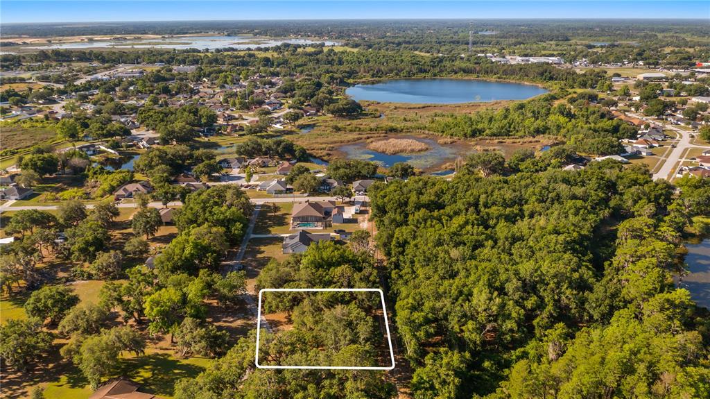 An aerial view shows a rectangular plot of land outlined in white amidst wooded surroundings — LEGACY WOODS, GROVELAND, FL