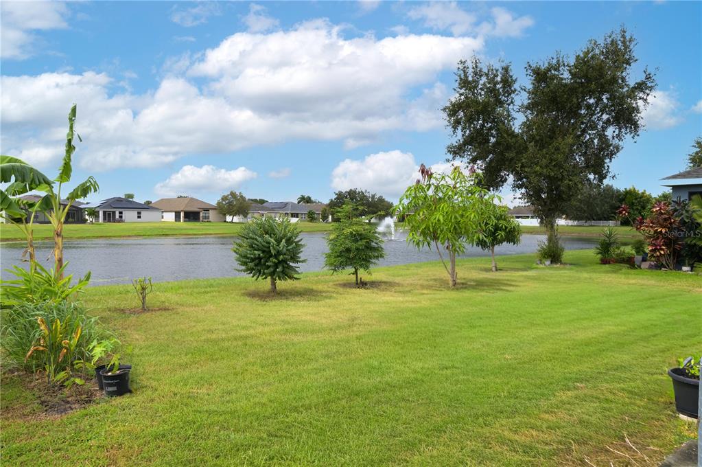 A grassy backyard overlooks a pond with a fountain and distant houses under a blue sky — 3843 ELOISE ESTATES COURT, WINTER HAVEN, FL