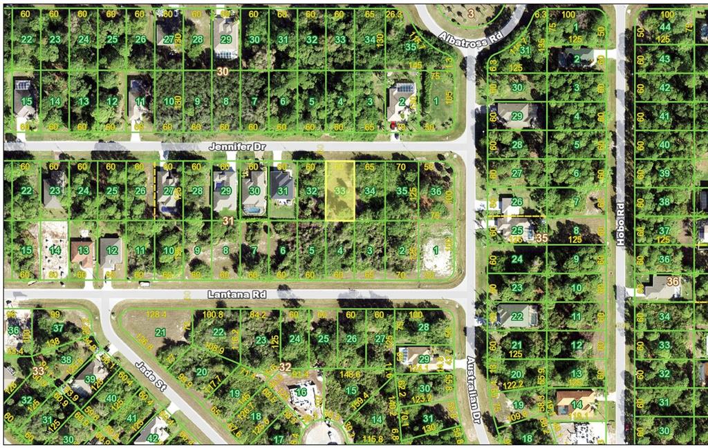 This is an aerial map showing residential lots and streets in a suburban neighborhood — 223 JENNIFER DRIVE, ROTONDA WEST, FL