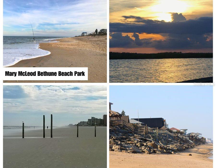 A collage of four photos showing a sandy beach, a sunset over water, and coastal dunes — TURTLEMOUND ROAD, NEW SMYRNA BEACH, FL