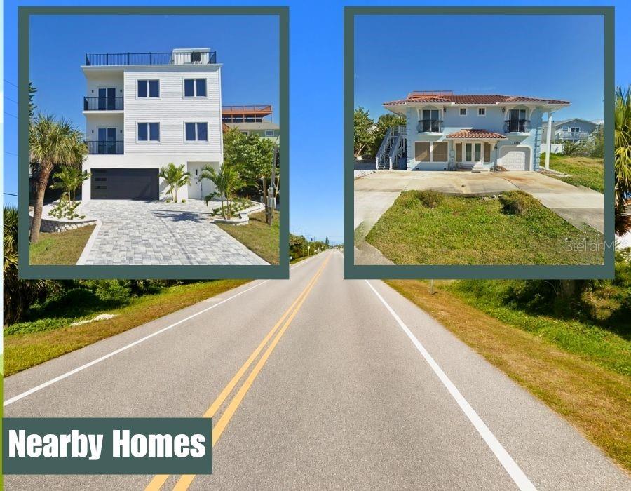 Two houses are shown side-by-side, one modern white and one light blue with a balcony — TURTLEMOUND ROAD, NEW SMYRNA BEACH, FL
