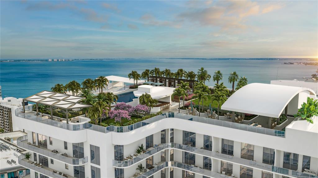 This is a rendering of a modern apartment building rooftop featuring a pool and landscaping — 430 N TAMIAMI TRAIL UNIT 417, SARASOTA, FL