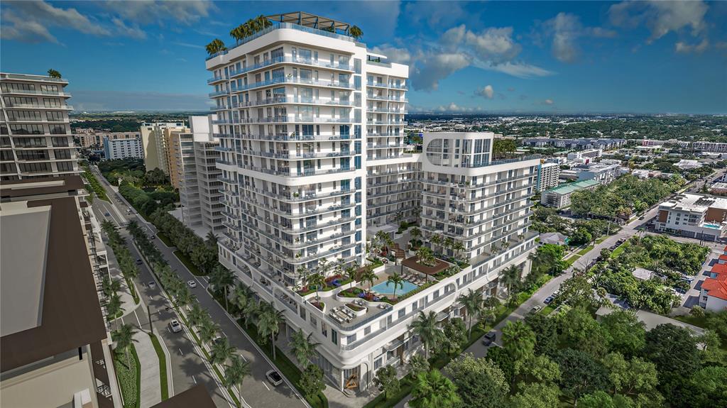 This is a digital architectural rendering of a large, modern multi-story residential apartment complex — 430 N TAMIAMI TRAIL UNIT 417, SARASOTA, FL