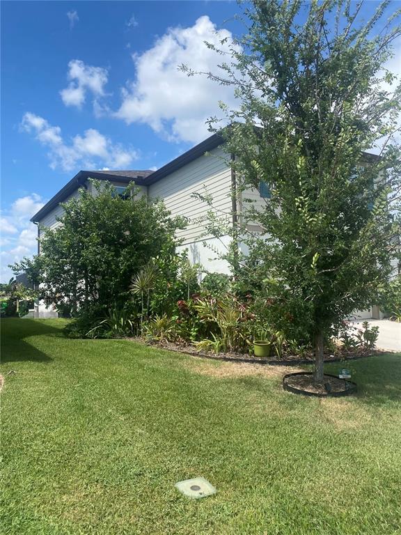 A two-story house exterior features light-colored siding and a landscaped garden bed with trees — 9126 ROYAL RIVER CIRCLE, PARRISH, FL