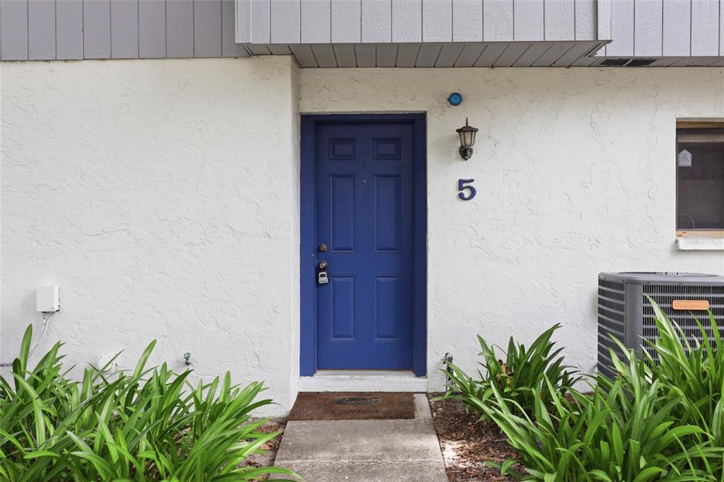 A blue front door with the number five is centered on a white stucco exterior — 3600 SW 19TH AVENUE UNIT 5D, GAINESVILLE, FL