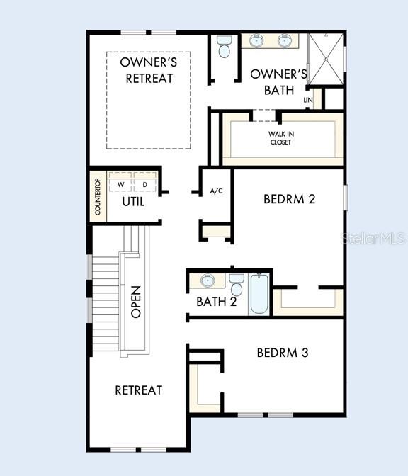 This floor plan shows the upper level of a house with three bedrooms and a retreat — 3395 YELLOW CASSIA DRIVE, WESLEY CHAPEL, FL