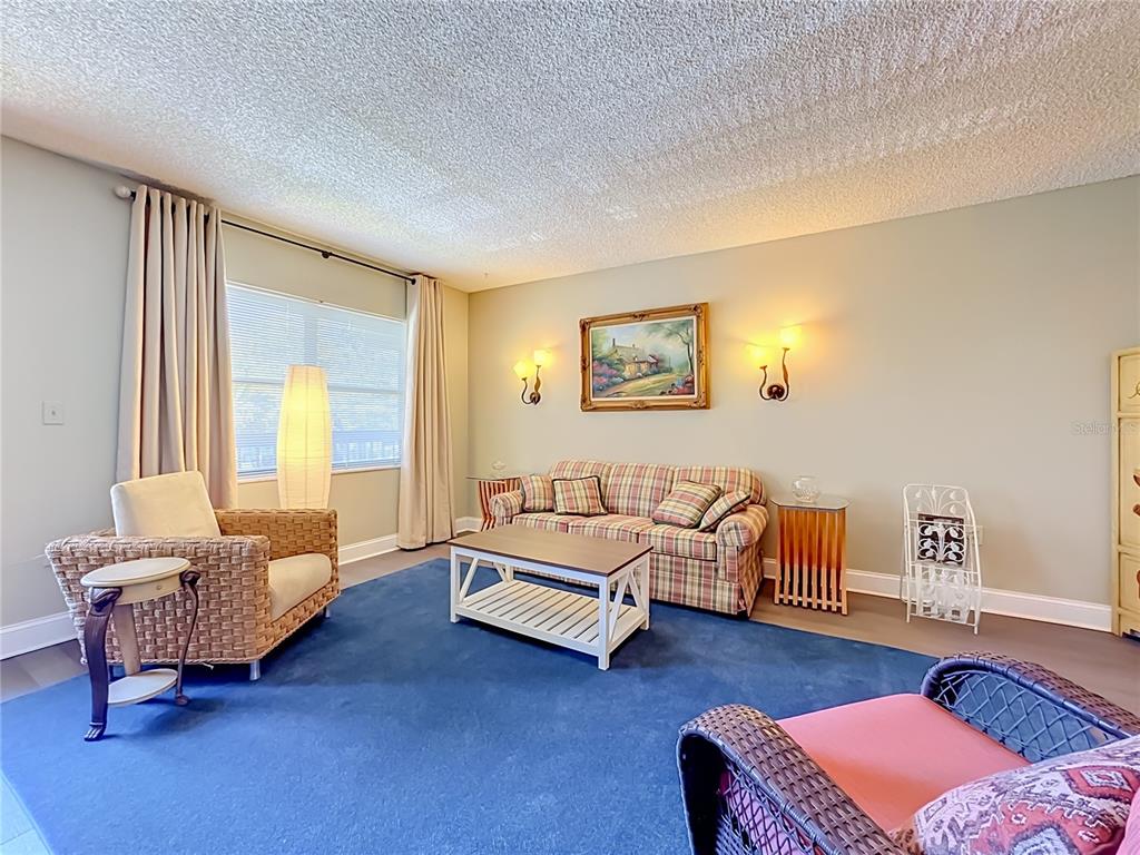 A living room features a plaid sofa, wicker armchairs, a coffee table, and blue carpeting — 425 30TH AVENUE W UNIT C212, BRADENTON, FL