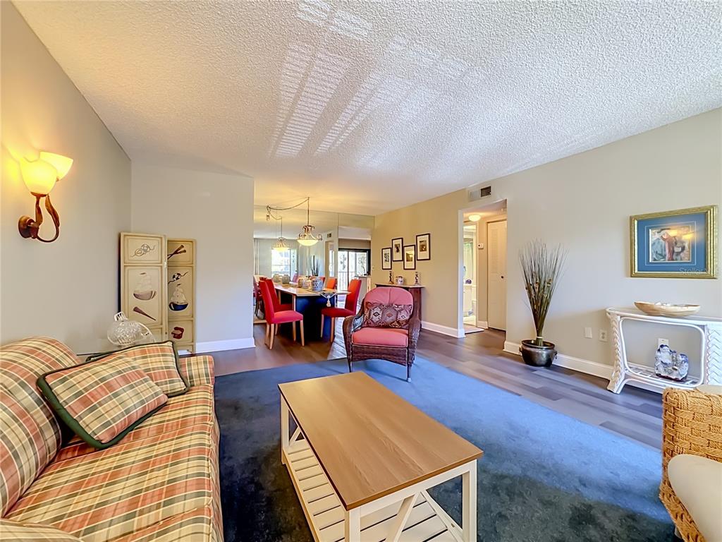 A living room with a plaid sofa, blue rug, and a dining area in the background — 425 30TH AVENUE W UNIT C212, BRADENTON, FL