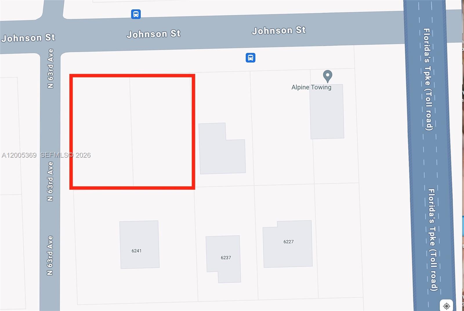 This is a map showing a vacant lot highlighted in red near a toll road — N 63rd Ave, Hollywood FL 33024, HOLLYWOOD, FL