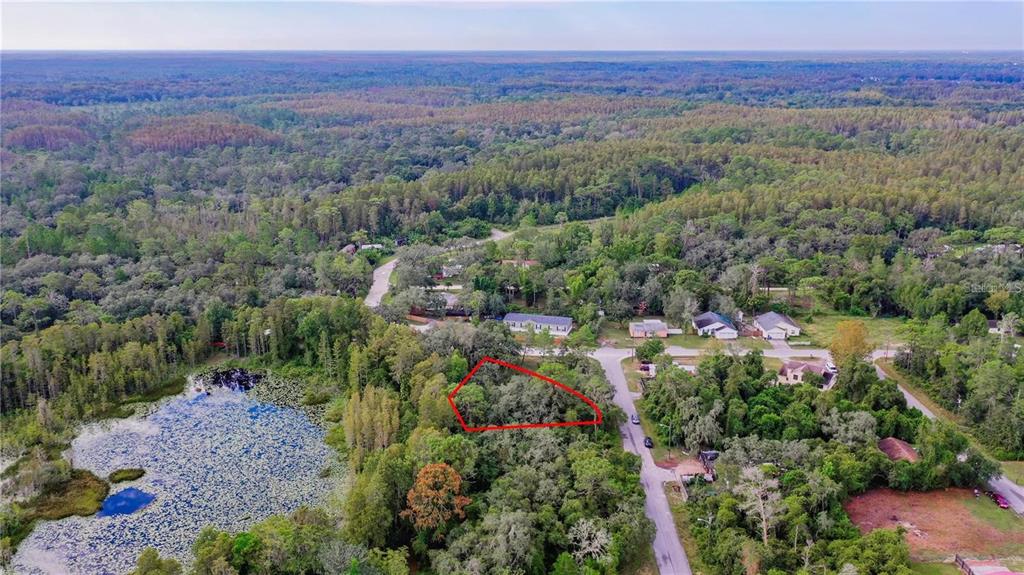 An aerial view shows a wooded lot outlined in red next to a small lake — 0 MIDVALE AVENUE, NEW PORT RICHEY, FL