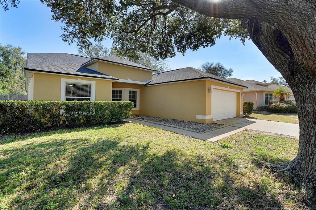 A single-story house with a tan exterior, a two-car garage, and a large oak tree — 846 GRAND HUGHEY COURT, APOPKA, FL