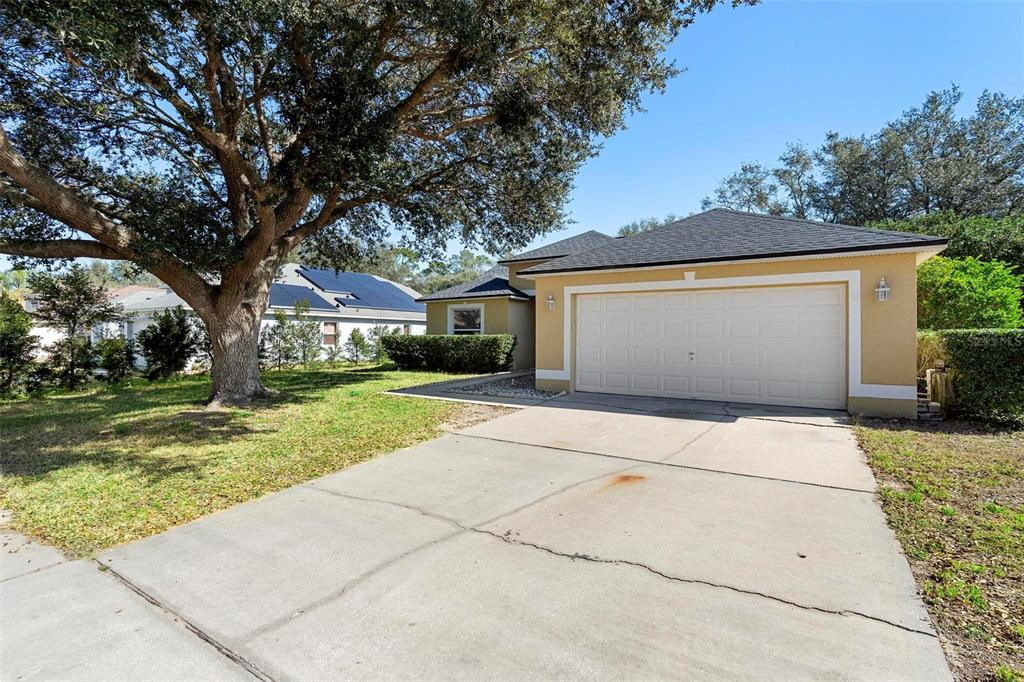 A single-story house with a two-car garage, a concrete driveway, and a large oak tree — 846 GRAND HUGHEY COURT, APOPKA, FL
