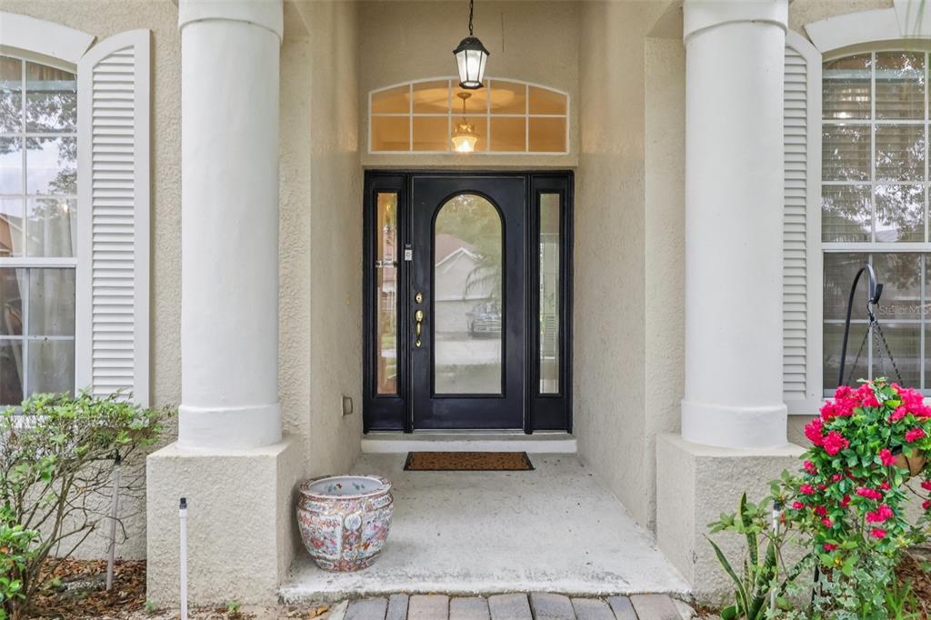 A front entryway features a black arched door with sidelights, two white columns, and plants — 3848 LONG BRANCH LANE, APOPKA, FL