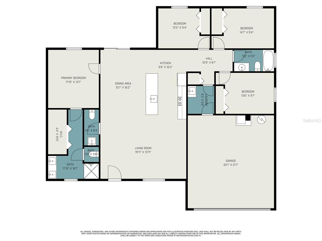 This is a floor plan of a single-story house featuring four bedrooms, three bathrooms, and a garage — 435 GOLDSMITH AVENUE NW, PALM BAY, FL
