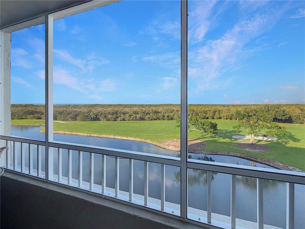 A screened-in balcony overlooks a pond and a golf course under a blue sky — 2333 FEATHER SOUND DRIVE UNIT C507, CLEARWATER, FL