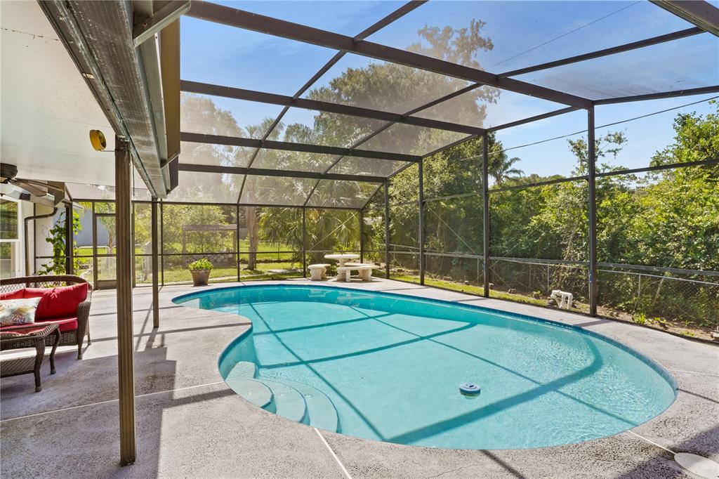 A screened-in patio features a kidney-shaped swimming pool and a small stone table set — 515 CLOUDCROFT DRIVE, DELTONA, FL