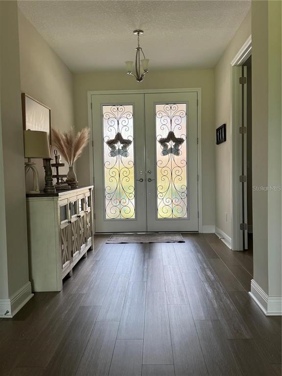 A foyer features double glass-paneled doors, a light wood console table, and dark wood flooring — 13150 WELLSPRING DRIVE, LITHIA, FL