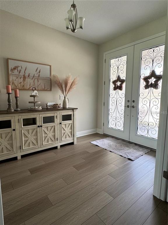 An entryway features light wood flooring, a white console table, and double glass-paneled front doors — 13150 WELLSPRING DRIVE, LITHIA, FL
