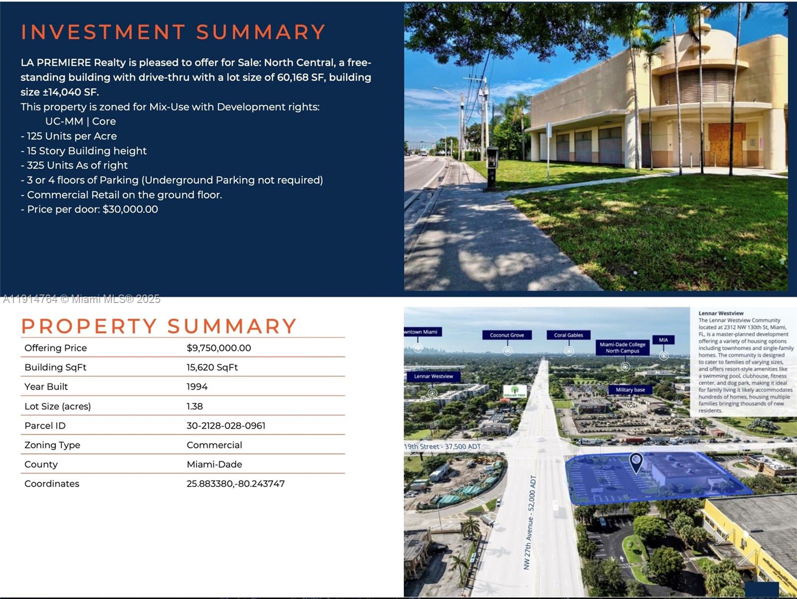 This image is a real estate marketing flyer featuring a building exterior and aerial map — 11920 NW 27th Ave, Miami FL 33167, MIAMI, FL