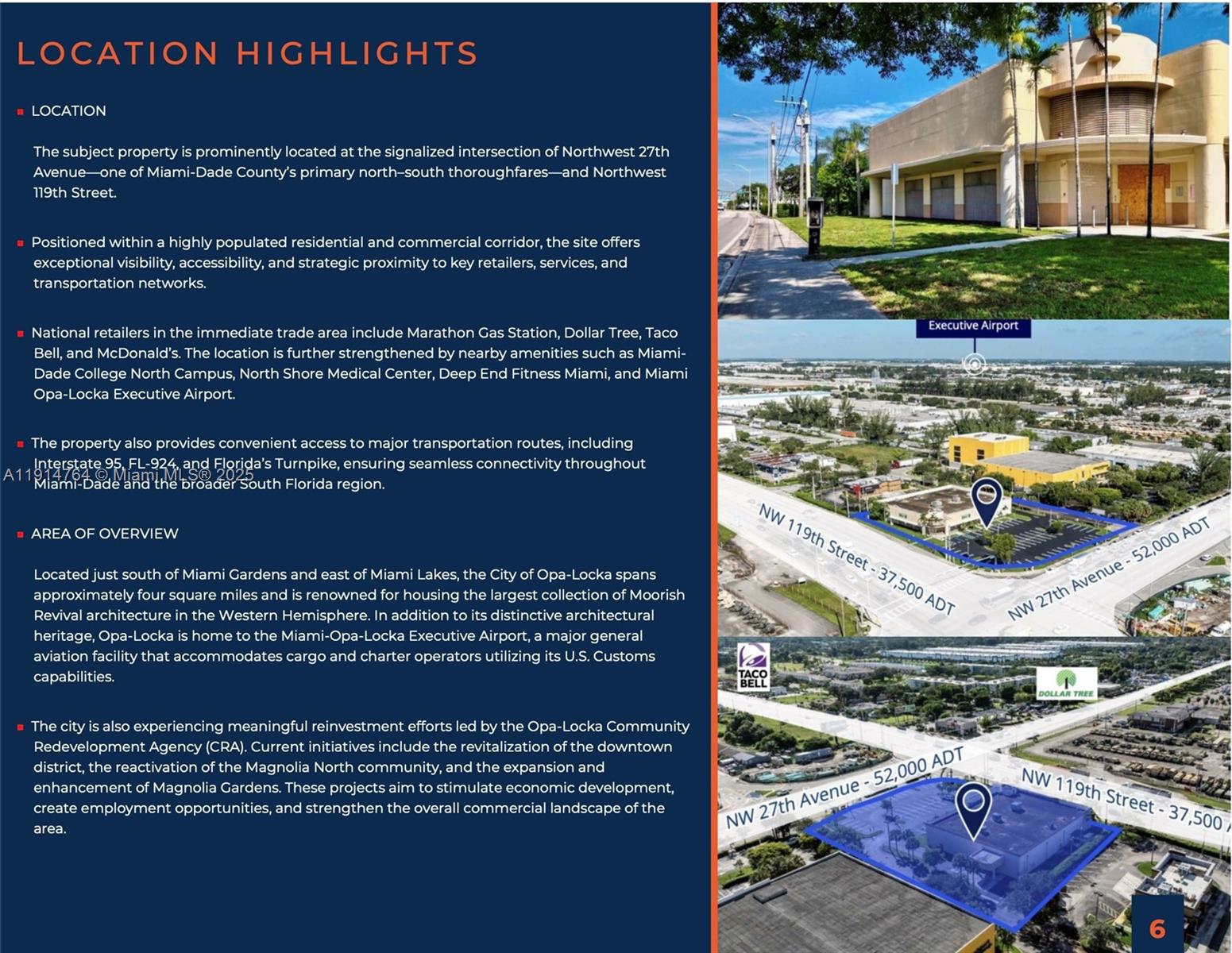 This image is a real estate marketing flyer featuring aerial maps and a building exterior — 11920 NW 27th Ave, Miami FL 33167, MIAMI, FL