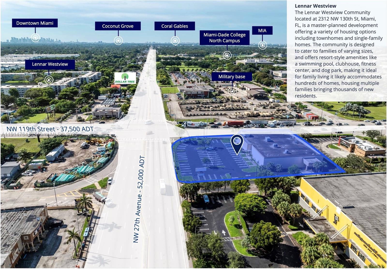 Aerial view of a commercial property with a highlighted building and surrounding urban infrastructure — 11920 NW 27th Ave, Miami FL 33167, MIAMI, FL