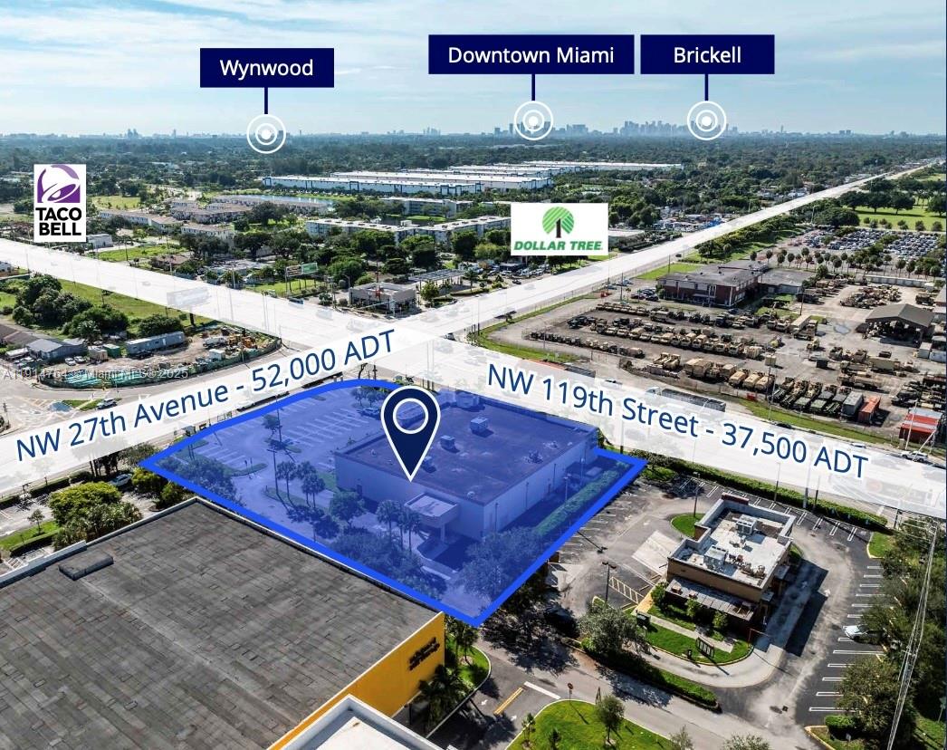 An aerial view of a commercial property at a street intersection with surrounding retail businesses — 11920 NW 27th Ave, Miami FL 33167, MIAMI, FL