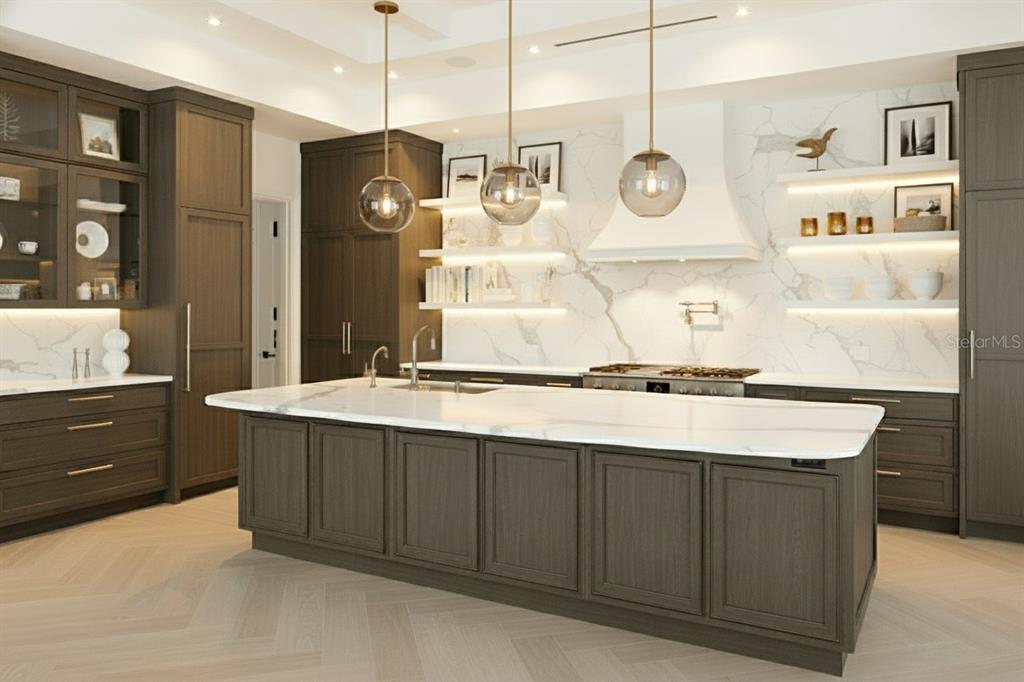This kitchen rendering features dark wood cabinetry, a large marble island, and floating shelves — 1290 HIDDEN HARBOR WAY, SARASOTA, FL