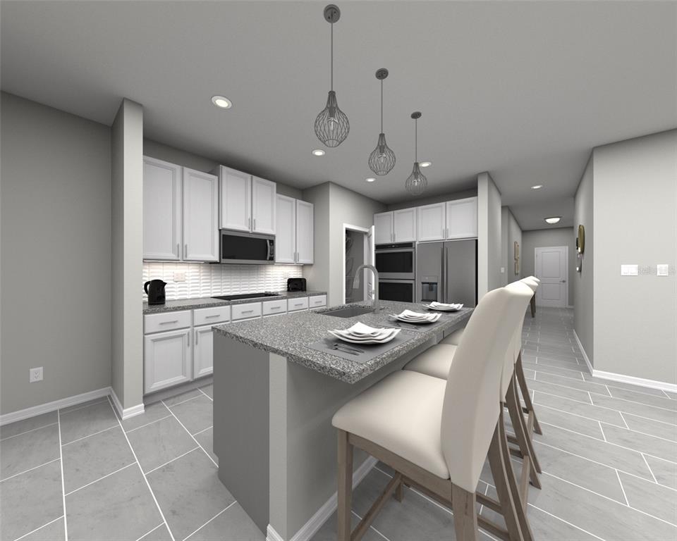 This is a rendering of a modern kitchen featuring white cabinets, granite countertops, and an island — 101 SHADY EDGE LOOP, NOKOMIS, FL