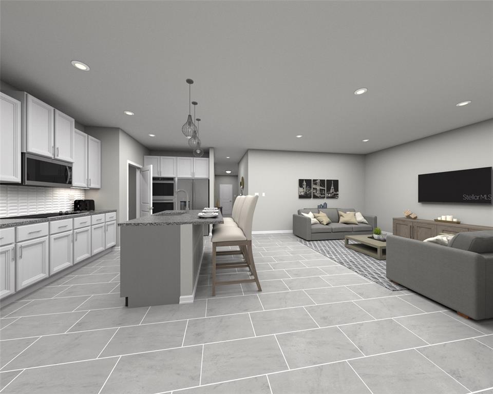This is a digital rendering of an open-concept kitchen and living area with gray tile — 101 SHADY EDGE LOOP, NOKOMIS, FL