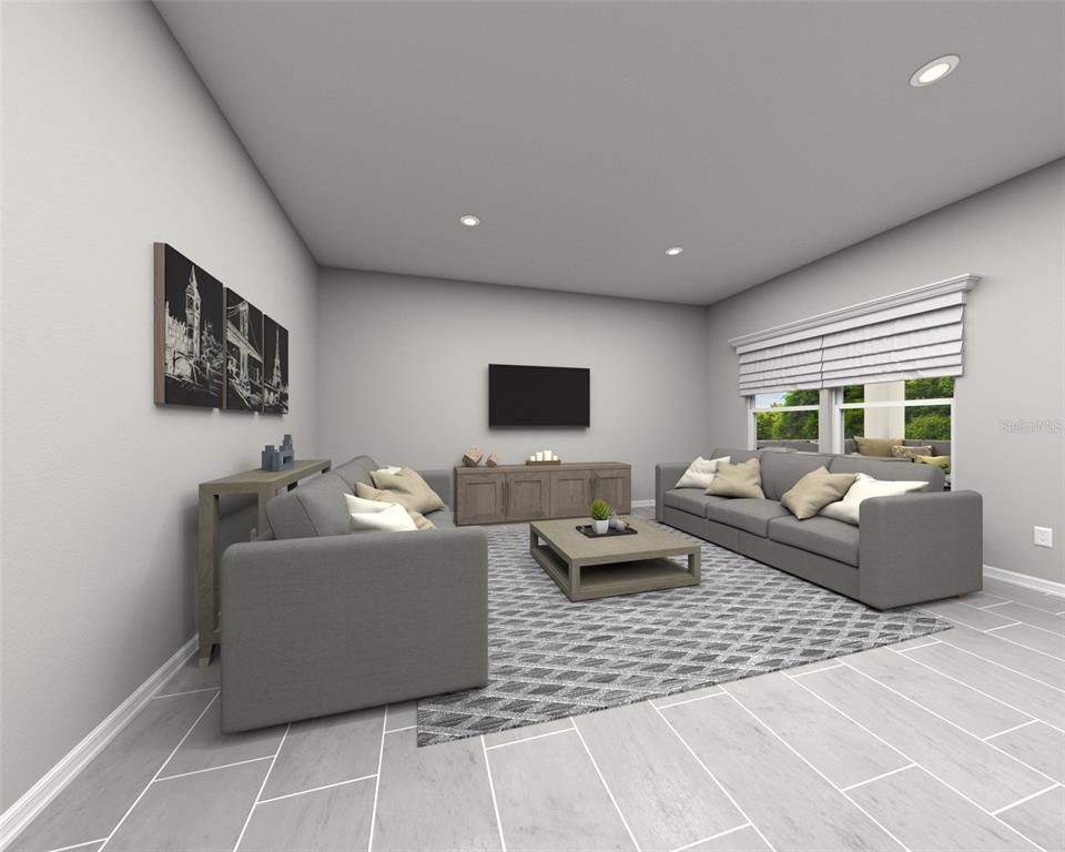 This is a digital rendering of a living room with gray furniture and tile flooring — 101 SHADY EDGE LOOP, NOKOMIS, FL