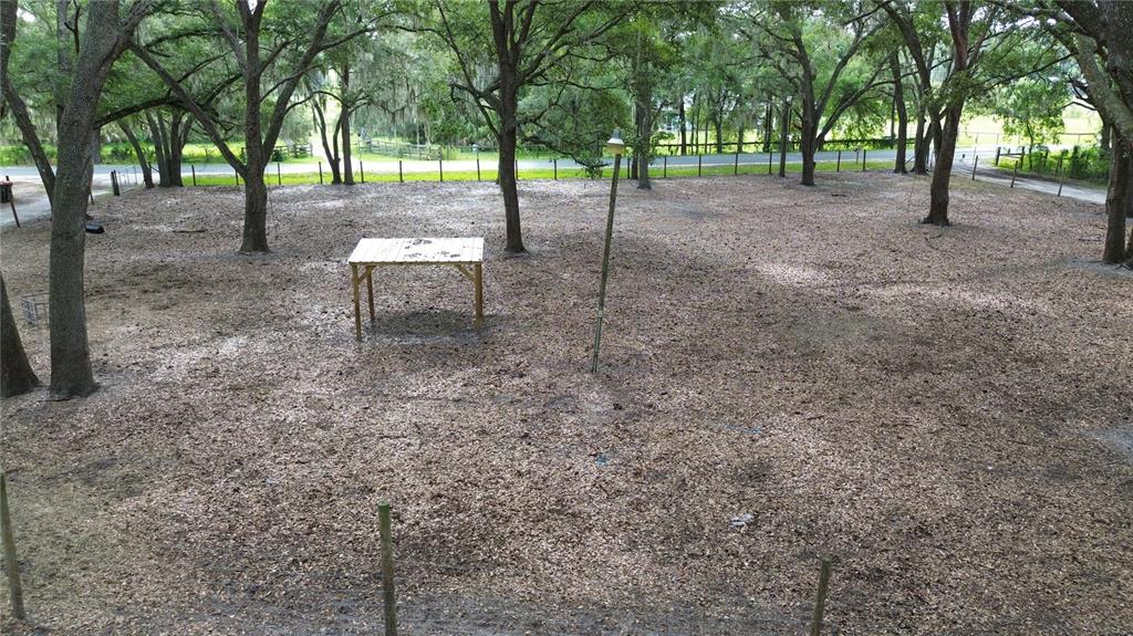 A large, shaded backyard features mature trees, a wooden table, and a wire fence — 17120 SE 130TH AVENUE, WEIRSDALE, FL