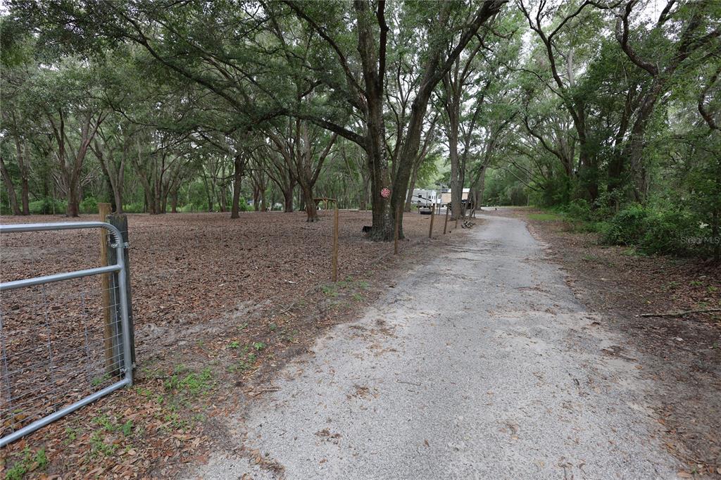 A gravel driveway leads past a metal gate into a wooded lot with mature trees — 17120 SE 130TH AVENUE, WEIRSDALE, FL