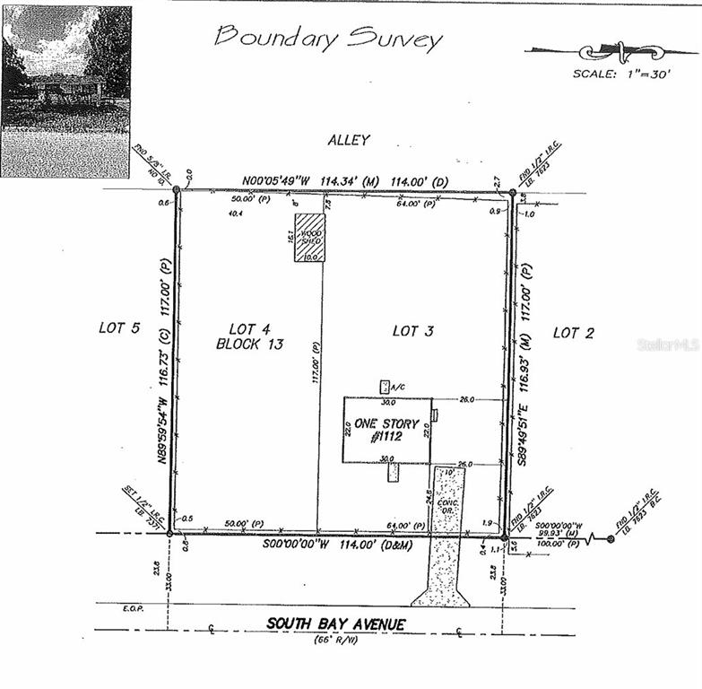 This is a boundary survey map showing the property lines for Lot 4, Block 13 — 1112/1114 S BAY AVENUE, SANFORD, FL