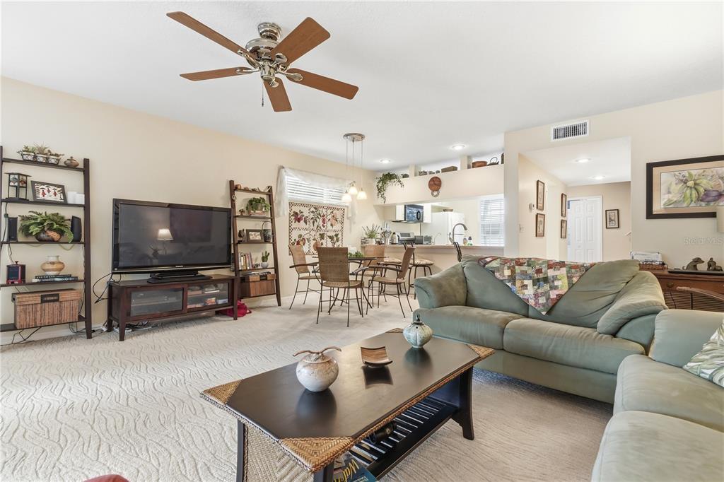 A living room features a green sofa, a coffee table, and an open-concept kitchen area — 9034 LAKE PLACE LANE UNIT 9034, TAMPA, FL