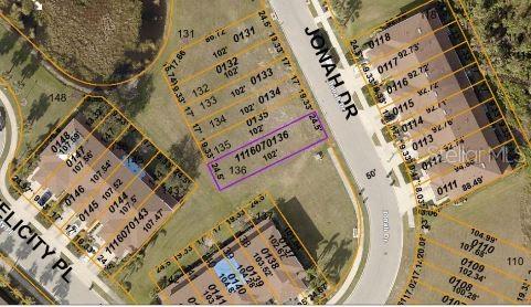 This is an aerial map showing residential property lot lines and building footprints — JONAH DRIVE, NORTH PORT, FL