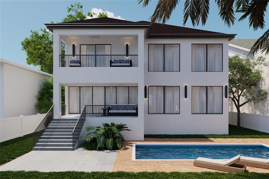 A digital rendering of the rear exterior of a two-story house with a swimming pool — 4523 W ROSEMERE ROAD, TAMPA, FL