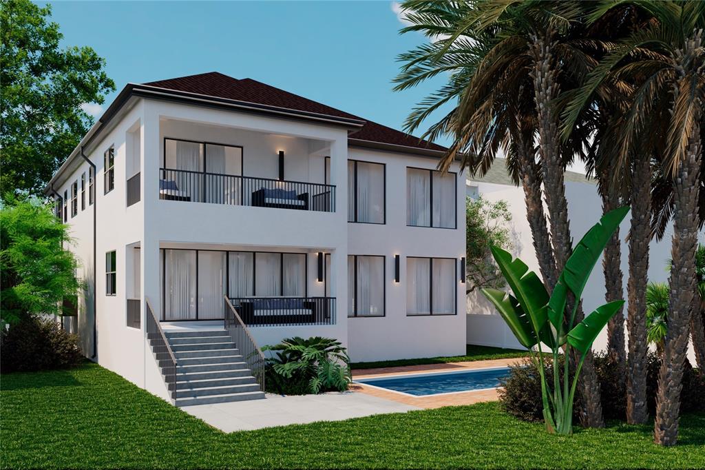 A digital rendering of a two-story white house with a balcony, patio, and swimming pool — 4523 W ROSEMERE ROAD, TAMPA, FL