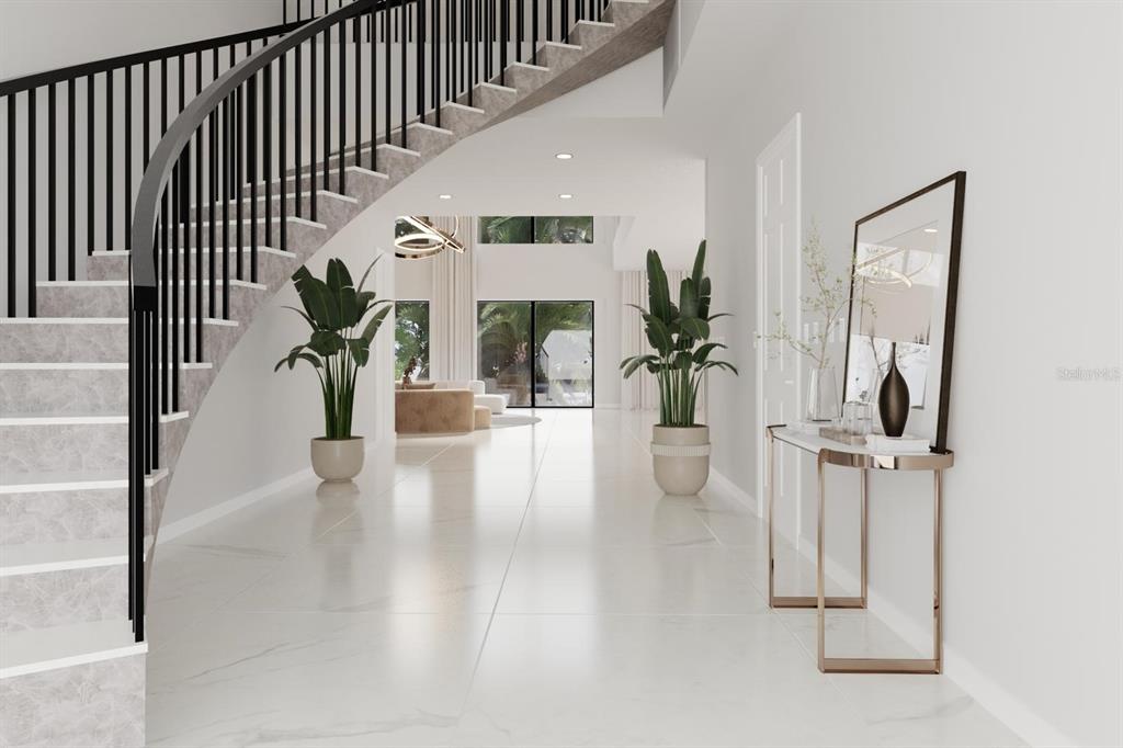 This rendering shows a modern foyer with a curved staircase, marble-look flooring, and two plants — 4523 W ROSEMERE ROAD, TAMPA, FL