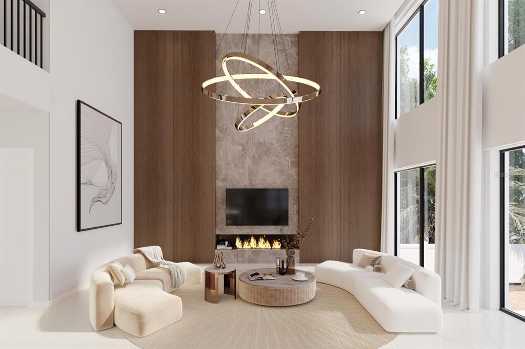 This rendering shows a modern living room with a double-height ceiling, fireplace, and wood paneling — 4523 W ROSEMERE ROAD, TAMPA, FL